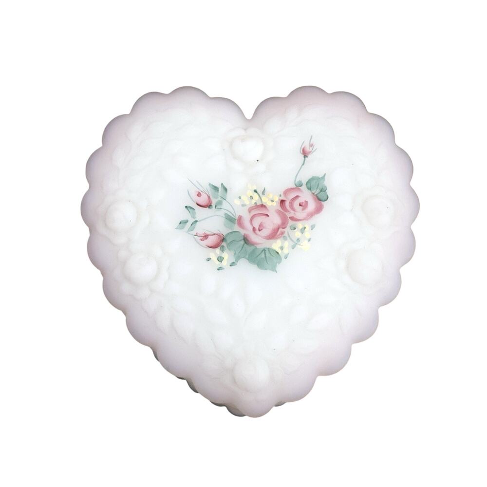 Vintage Fenton Heart Shaped Hand Painted Rose Garden Frosted Jewelry Trinket Box